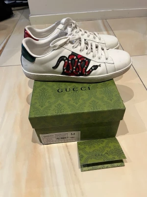 Gucci Ace Snake Sneakers -  Gucci Ace Snake Sneakers – Strl 43  Säljer ett par snygga Gucci Ace Snake sneakers i vitt läder med den ikoniska orm-detaljen på sidan.  ✅ Originalbox medföljer ✅ Bekväma och stilrena ✅ Perfekta till både vardag och finare outfits  Storlek: 43 Skicka gärna meddelande vid frågor eller om du vill ha fler bilder. Snabb affär prioriteras!