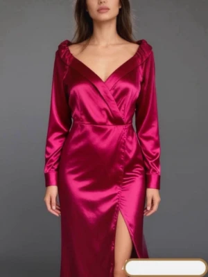 Mörkröd siden satin klänning 38 - Snygg mörkröd   siden satin klänning 38 i glansigt sidenmaterial med långa ärmar och knytskärp i midjan. Klassisk modell med elegant krage och mjuk känsla, perfekt för chill dagar hemma.Klänning med långa ärmar och omlottdesign. Klänningen har en off-shoulder-ringning och ett knytband i midjan.märket är PRETTYLITTLETHING.passar även för 36,S.