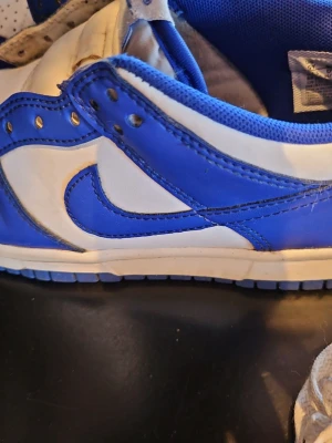 Nike Dunk Low blå och vita sneakers - Nike Dunk Low sneakers i blått och vitt läder med klassisk swoosh på sidan. Skorna har perforerad tåbox för ventilation och vadderad plös med Nike-logga. Yttersulan är blå och ger bra grepp. Perfekt för dig som gillar retrostil och streetwear.