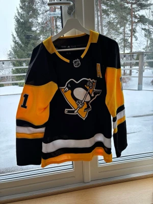 Pittsburgh Penguins hockeytröja Adidas - Snygg svart, gul och vit Pittsburgh Penguins hockeytröja från Adidas med Malkin #71 på ryggen. Tröjan har lagets logga på bröstet, långa ärmar och detaljer i gult och vitt. Perfekt för dig som älskar hockey och vill representera ditt favoritlag. Tröjan är lite smutsig på ena ärmen (bild 3) men tröjan ska tvättas så vid intresse kan jag skicka extra bilder på tröjan ny tvättad. Tröjan uppskattas vara i storlek 152 med hockey skydd. 