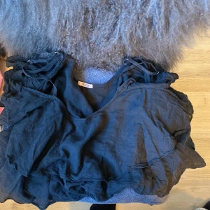 Svart omlottklänning från Tessie - Säljer en svart omlottklänning från Tessie med volangdetaljer och knytband vid axlarna. Klänningen är tillverkad i ett lätt och luftigt bomullstyg.