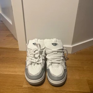 Vita och grå sneakers från Axel Arigato - Säljer ett par snygga sneakers från Axel Arigato i vitt och ljusgrått. Skorna har chunky sula, coola paneler i syntet och mesh samt snörning framtill. Perfekta för dig som gillar streetstyle och vill ha en fräsch look.