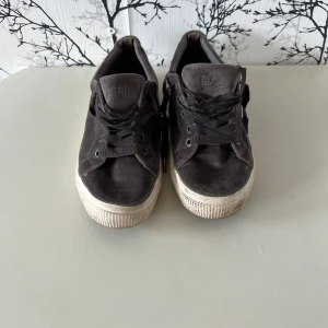 Grå sneakers från Ralph Lauren - Snygga grå sneakers från Ralph Lauren med klassisk låg profil och rund tå. Skorna har ovandel i tyg, snörning framtill och vit gummisula med diskret struktur. Perfekta för en avslappnad och stilren look.