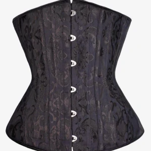 Svart brokad korsett med snörning - Säljer en svart korsett i brokadstil med snyggt mönster och metallknäppning framtill. Baksidan har bred snörning med satinband för perfekt passform. Materialet är 90% polyester och 10% spandex vilket ger lite stretch.