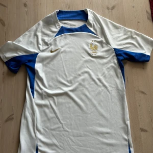 Frankrike fotbollströja Nike M - Säljer en officiell Frankrike fotbollströja från Nike i storlek M. Tröjan är vit med blå detaljer och har det klassiska franska tupp-emblemet på bröstet samt Nike-logga i guld. Tillverkad i 100% polyester. Tröjan är i mycket gott skick utan hål eller fläckar. Skriv vid eventuella frågor eller funderingar!