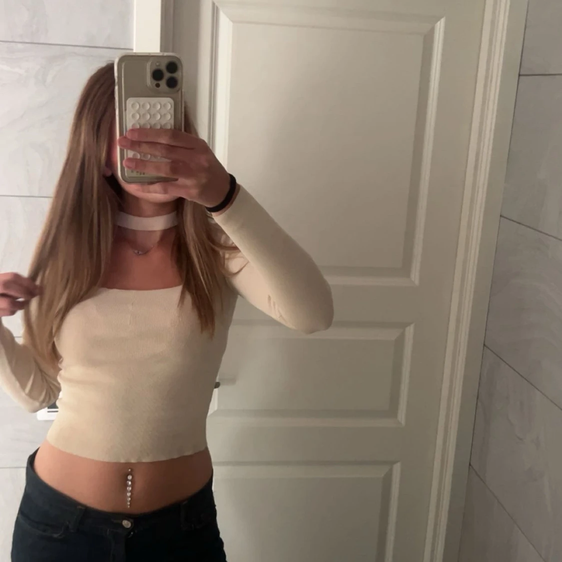 Beige ribbad långärmad topp - 2