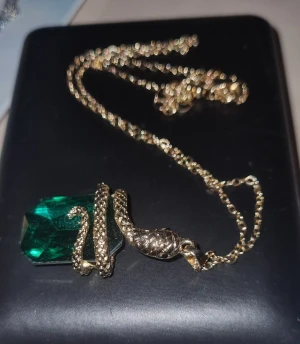 Guldhalsband med grön kristall och orm - Unikt halsband med en glittrande guldfärgad kedja och ett stort grönt kristallhänge. Hänget pryds av en detaljerad orm i guld som slingrar sig runt kristallen, vilket ger en cool och mystisk vibe. Perfekt för dig som gillar statement-smycken och djurmotiv.