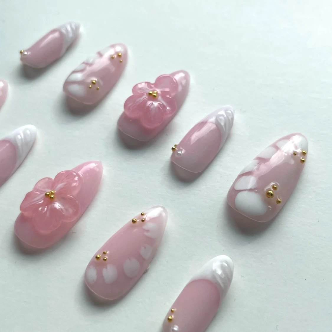 Rosa press-on naglar med 3D-blomma - 1