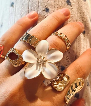 Guldiga chunky ringar med blomma - Säljer ett set med fem chunky ringar i guldton. En ring har en stor vit blomma i mitten, de andra har olika former: en med kedjemönster, en med vågig yta och två med organisk, hamrad look. Perfekt för dig som gillar statement-smycken och att mixa stilar.
