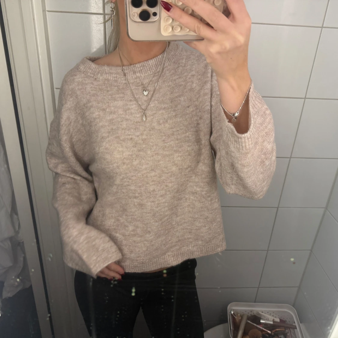 Beige stickad tröja med loose fit - 2