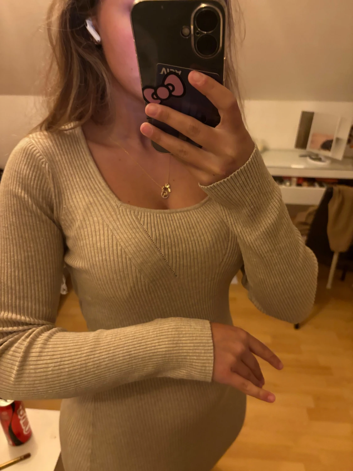 Beige ribbad långklänning - 3