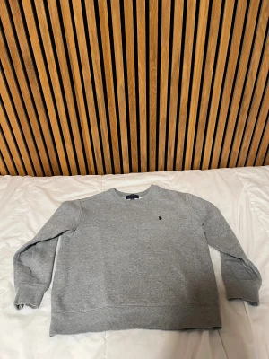 Grå sweatshirt från Polo Ralph Lauren - Klassisk grå sweatshirt från Polo Ralph Lauren med rund hals och broderad marinblå logga på bröstet. Tröjan har ribbade muddar vid ärmslut och nederkant, samt är tillverkad i mjuk bomullsmix som är perfekt för kyliga dagar.