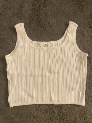 Vit ribbad linnetopp från H&M - Säljer en vit ribbad linnetopp från H&M i storlek 170. Toppen har breda axelband och är ärmlös med en klassisk rund halsringning. Materialet är mjukt och stretchigt, perfekt för en enkel och clean look.