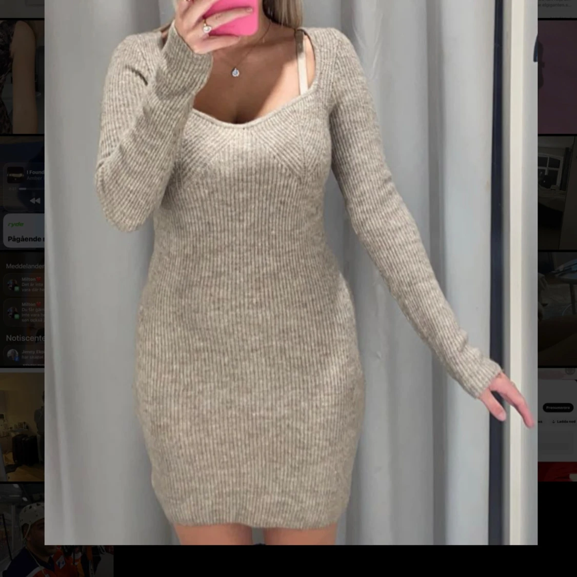 Beige ribbad stickad klänning - 1