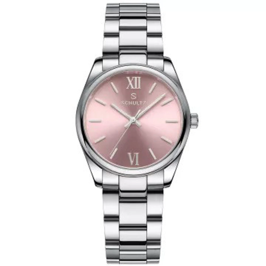 Silverfärgad klocka med rosa urtavla