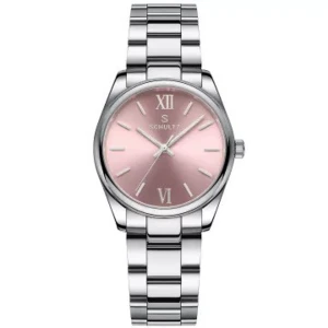 Silverfärgad klocka med rosa urtavla - Stilren klocka från Schultz med metallarmband i silver och en rund rosa urtavla. Urtavlan har romerska siffror och minimalistiska markeringar. Perfekt accessoar för dig som gillar en modern och elegant look.
