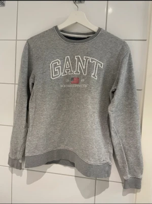 Grå sweatshirt från GANT - Snygg grå sweatshirt från GANT med klassisk logga och amerikansk flagga tryckt på bröstet. Rund hals, ribbade muddar vid ärmslut och nederkant. Perfekt för chill dagar och enkel att matcha med jeans eller joggers.