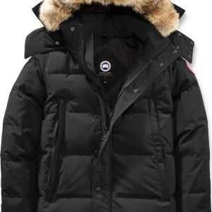 Svart dunjacka från Canada Goose - Säljer en svart dunjacka från Canada Goose med pälskantad huva och klassisk patch på ärmen. Jackan har flera fickor, dragkedja och tryckknappar framtill. Perfekt för kalla vinterdagar och riktigt snygg streetstil.
