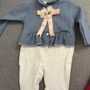 Söt blåvit babyklänning med rosett - Supersöt babyklänning med blåvitt rutigt mönster upptill, volangkant och en ljusrosa rosett med blomdetalj framtill. Nederdelen är vit med tryckknappar för enkel påklädning. Perfekt för speciella tillfällen eller vardagsgull.