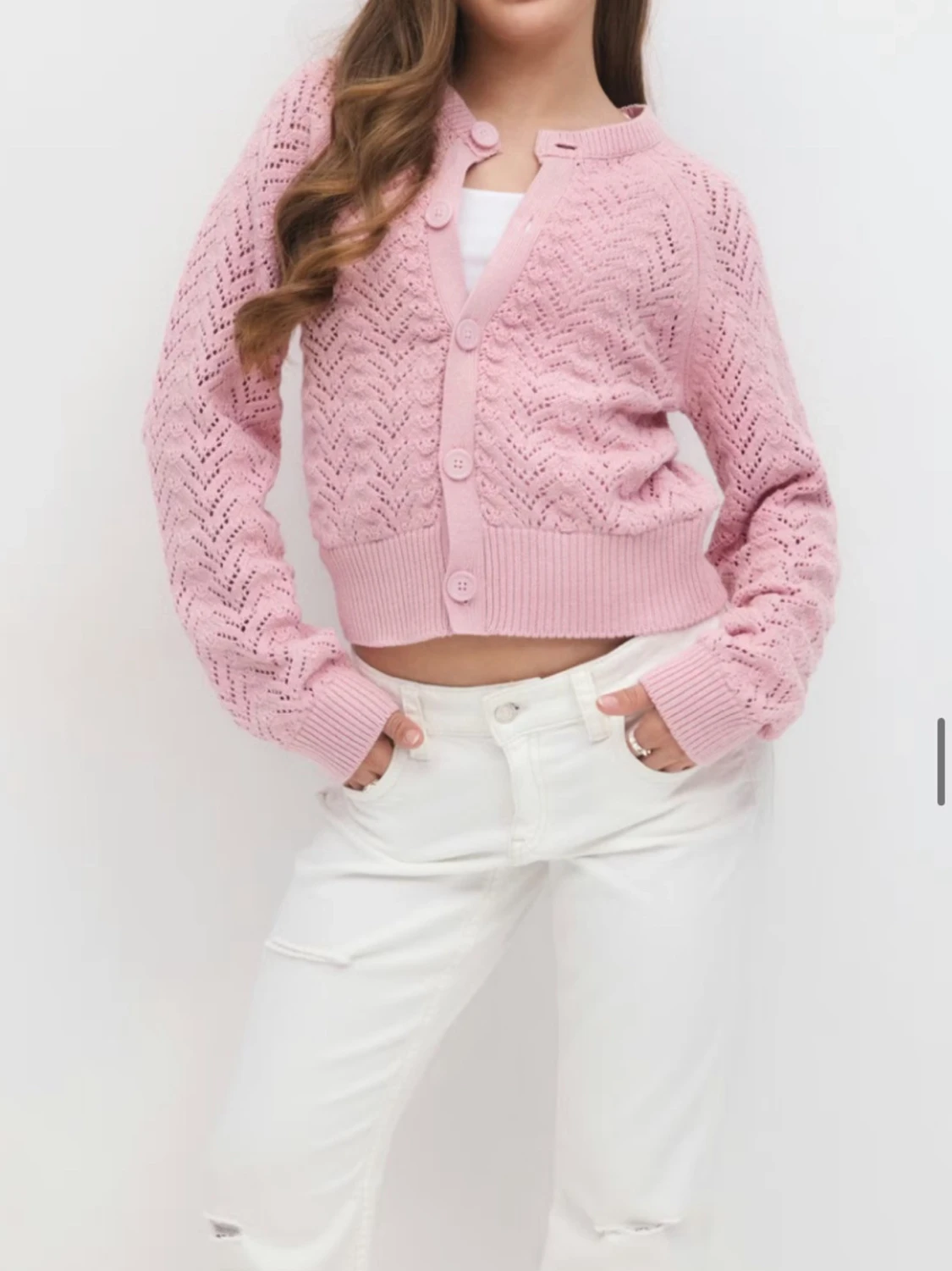 Ljusrosa stickad kofta med knappar - 2
