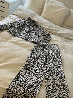 Leopardmönstrad pyjamas sett - Säljer en leopardmönstrad pyjamas. Settet består av en långärmad skjorta med krage och knappar samt matchande vida byxor med resår i midjan. Materialet är mjukt och glansigt, vilket ger en lyxig känsla. 