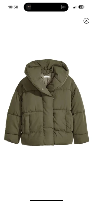 Olivgrön pufferjacka med huva - Säljer en olivgrön pufferjacka med stor, mysig huva och breda kanaler. Jackan har två rejäla fickor framtill och stängs med tryckknappar. Perfekt för kalla dagar och har en cool, oversized vibe. Liten sminkfläck i jackan annars väldigt bra skick