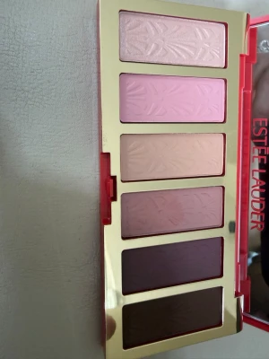 Ögonskuggspalett Estée Lauder röd/guld - Snygg ögonskuggspalett från Estée Lauder med sex nyanser i rosa, beige, lila och brunt. Paletten har ett elegant rött och guldigt mönstrat fodral och skuggorna har ett pressat mönster. Perfekt för dig som gillar både ljusa och mörka toner.