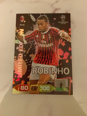 Limited Edition fotbollskort Robinho - Samlarkort med Robinho i AC Milan-tröja från Champions League-serien. Kortet har färgstark design, texten 'Limited Edition' och spelarens namn. Siffror och symboler för olika stats finns längst ner på kortet.