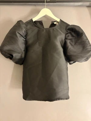 Svart topp med puffärmar - Snygg svart topp med stora puffärmar och rund halsringning. Toppen har en rak passform och är tillverkad i ett glansigt material som ger en lyxig känsla. Perfekt för dig som vill sticka ut med en trendig siluett.
