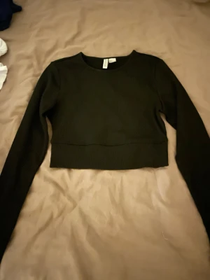 Svart croppad långärmad topp H&M - Säljer en svart croppad långärmad topp från H&M Divided. Toppen är ribbad och har en enkel, rund halsringning. Perfekt att matcha med höga jeans eller kjol för en clean look. Materialet är mjukt och stretchigt, vilket gör den skön att bära.
