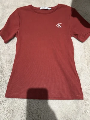 Röd aktig ribbad t-shirt Calvin Klein - Säljer en ribbad t-shirt från Calvin Klein Jeans i en snygg rostbrun färg. T-shirten har korta ärmar, rund halsringning och en liten vit CK-logga broderad på bröstet. Perfekt till jeans eller kjol för en clean look. Har också fått hänga med ut i min rensning fem garderoben för den har bara hängt där inne. 