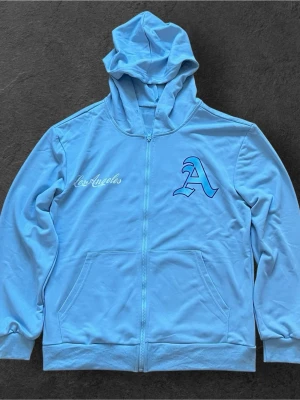 Tunn ljusblå hoodie med tryck|Strl S - Snygg! Aldrig använd. Vet tyvärr ej märke. Hör gärna av er vid frågor och funderingar. Pris är inte satt i sten 🙏🏼