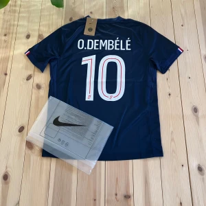 PSG Dembele matchtröja Nike blå - Paris Saint-Germain fotbollströja med O. Dembélé och nummer 10 på ryggen. Djupblå färg med röd och vit detalj på framsidan, PSG-emblem och Qatar Airways-tryck. Tillverkad i lätt och ventilerande material, klassisk passform och korta ärmar.