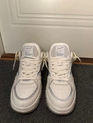 Axel Arigato vita sneakers - Säljer ett par stilrena vita sneakers från Axel Arigato med chunky platt sula och snygga detaljer i beige och ljusblått. Skorna har snörning, perforerad tå och branding på sidan och plösen. Materialet är skinn och syntet, perfekt för dig som gillar clean och modern look.