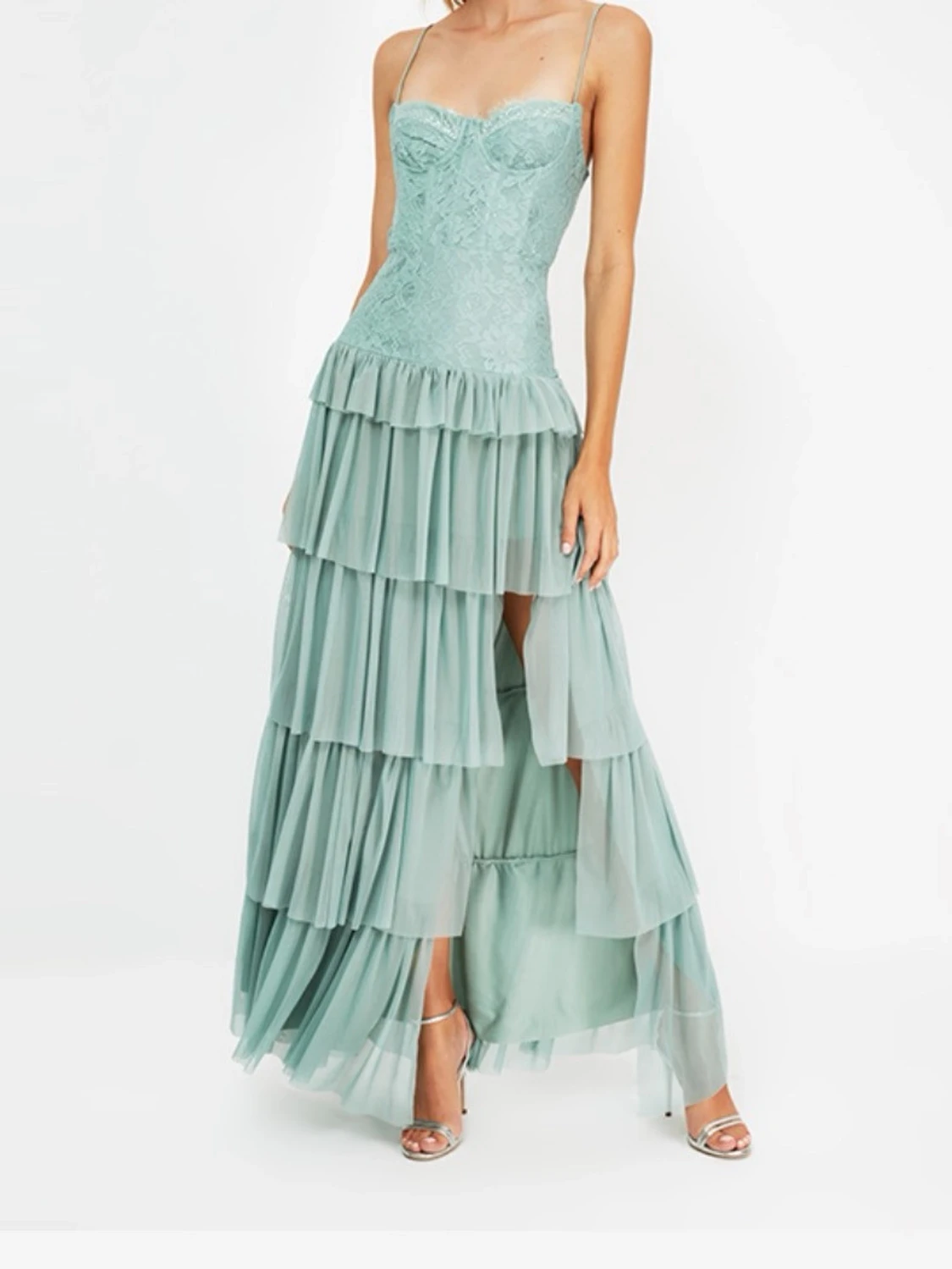 Ljusblå / turkos balklänning med spets och volanger - 2