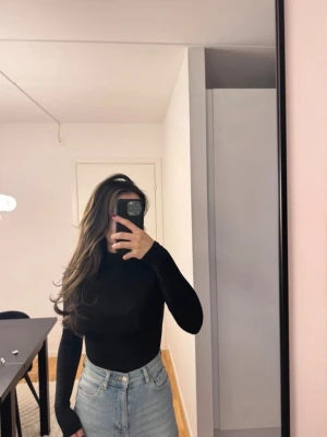 Svart polotopp-body från Zara - Säljer en svart långärmad polotopp-body från Zara i storlek S. Toppen är tight och har en hög hals, perfekt att styla med jeans eller kjol. Materialet är mjukt och stretchigt, vilket gör den riktigt bekväm. Klassisk och enkel design som funkar till många olika looks.
