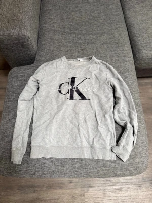 Grå sweatshirt från Calvin Klein Jeans - Snygg grå sweatshirt från Calvin Klein Jeans med stort svart CK-tryck och vit logga på bröstet. Tröjan har rund halsringning, långa ärmar och ribbade muddar vid ärmslut och nederkant. Nästan aldrig andvänd.