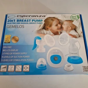 Esperanza 2in1 Breast Pump Gemelos, bröstpump - Elektrisk och manuell bröstpump med stor LCD-display, 9 nivåer av sugkraft och 5 nivåer av stimulering. BPA-fri, tyst drift och tre strömalternativ. Komplett med tillbehör. Använd en gång. 