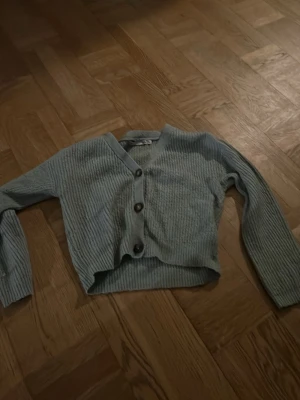 Ljusgrön ribbad kofta från 157 - Säljer en ljusgrön ribbad kofta från 157 med v-ringning och stora knappar framtill. Koftan är croppad och har långa ärmar, perfekt för lager på lager under kyliga dagar.