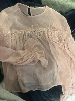 Ljusrosa blus med fjädrar från Zara - Trendig ljusrosa blus från Zara i transparent, lätt material.