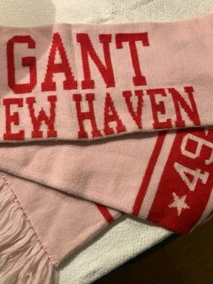 Rosa halsduk från GANT med text - Snygg rosa halsduk från GANT med röda detaljer och texten 'NEW HAVEN' samt siffror och stjärnor. Halsduken har fransar i ändarna och är tillverkad i mjukt material, perfekt för att hålla värmen. Klassisk college-inspirerad design som sticker ut.