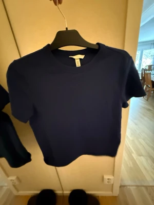Mörkblå t-shirt från H&M - En basic mörkblå t-shirt från H&M i mjuk bomull. Klassisk rund halsringning och korta ärmar. Perfekt till jeans eller shorts för en enkel och clean look.