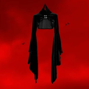 Bolero 🥀🗡️ - Vampy svart bolero med hög krage från Dark In Love! 🥀🖤Storlek M (byst 78cm, armlängd 60-122cm) 📏Gjord i ett lite tjockare, lätt stretchigt sammetsmaterial och knäpps med två silvriga krokar på framsidan. Endast använd en gång till en fotografering så i jättefint skick! ✨Köp nu 💌 OBS lapparna är bortklippta då de skavde emot och jag är känslig för sådant 🤥