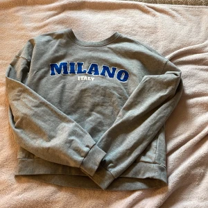 Grå sweatshirt Milano Italy Uniq Young - Grå sweatshirt från Uniq Young med broderad blå text 'MILANO ITALY' på bröstet. Tröjan har rund hals, ribbade muddar och lång ärm. Materialet är mjuk bomull och passformen är normal. Perfekt för dig som gillar streetstyle och snygga tryck.