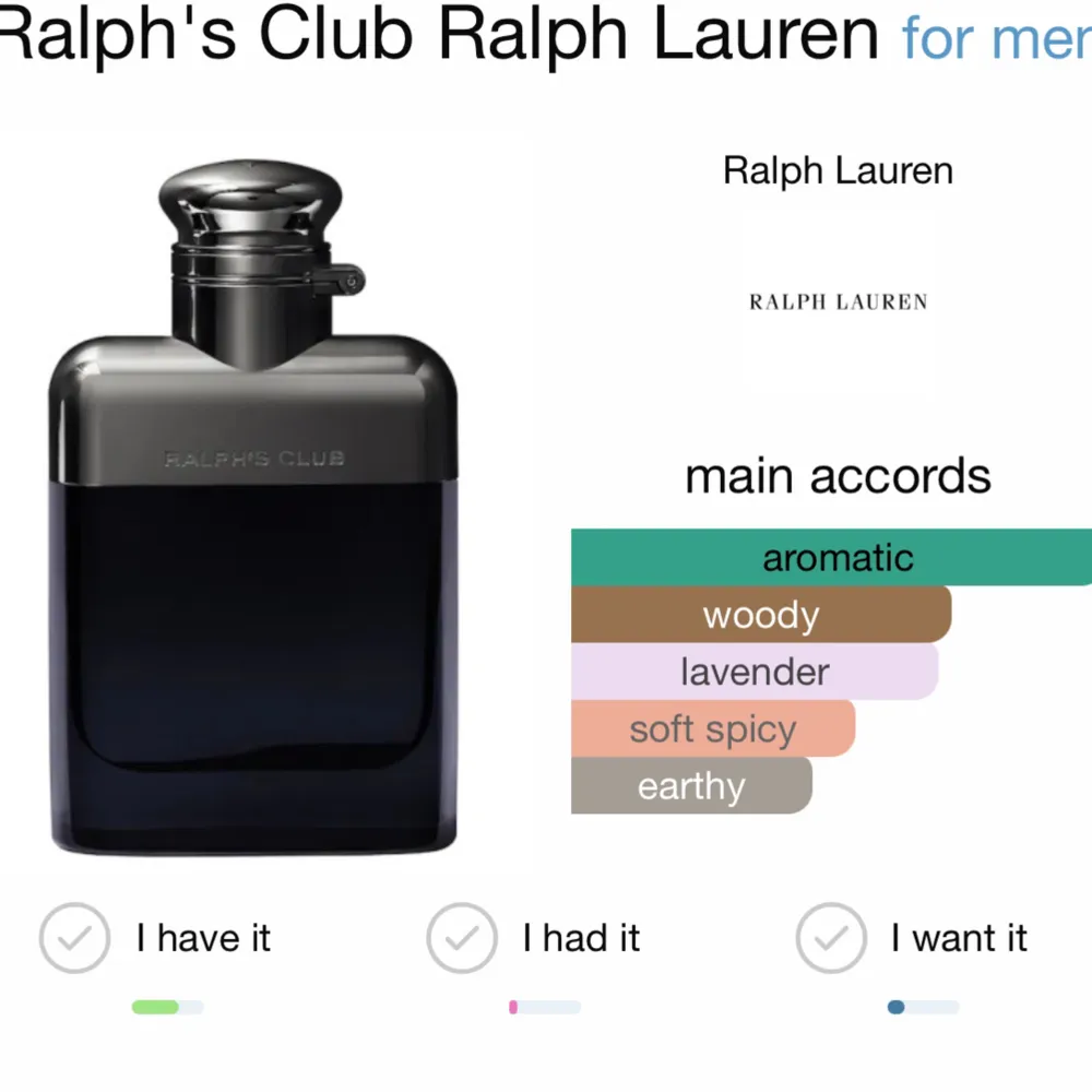 2 ml test/sample av Ralphs Club Ordinariepris 1100 för 50ml  18 kr frakt betalas av köparen  . Övrigt.
