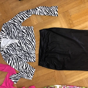 Set med kjol och tröja strl M - Zebramönstrad kort topp helt oanvänd från Shein i storlek 38.  Svart glansig knälång pennkjol med slits baktil i storlek M från lager 157.  Använd men ändå okej bra skick.   Skönt stretchigt ”baddräkts” material 