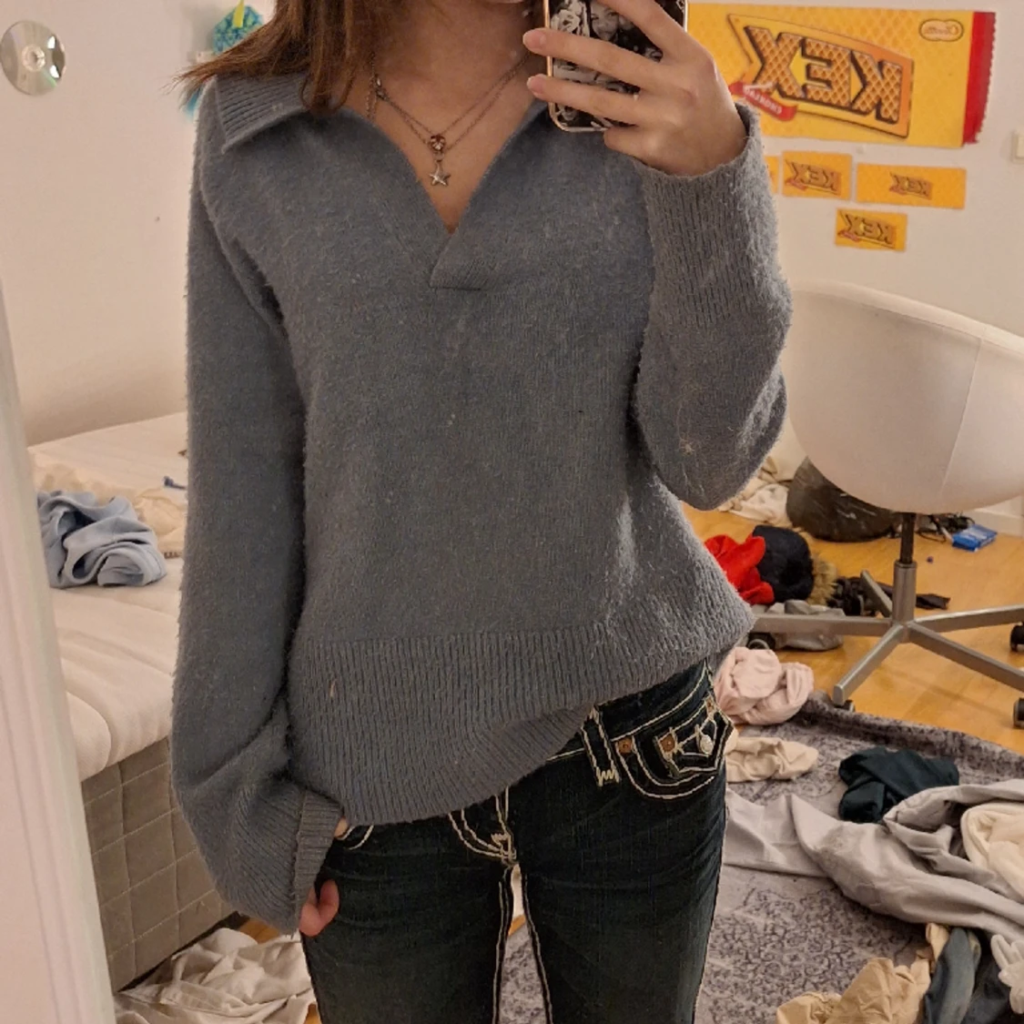 Blå stickad tröja - 90