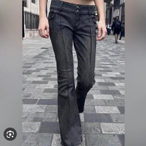 Low waist bootcut jeans från brandy melville  - Säljer dessa skit snygga gråa/svarta jeans ifrån brandy melville då dom inte passar mig. Köpta i somras men knappt använda. Lånad bild! Skicka pm om ni vill se hur dom ser ut på.