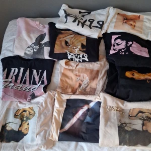 Ariana Grande Merch - Allt i väldigt bra skick och mestadels oanvänt. Den rosa DWT tröjan har en liten fläck vid armen men det märks inte. HM hoodies 150kr/st. HM T-shirts 100kr/st. Officiell t shirt 250kr och rosa tröja 350kr. Hair clips 80.Kom privat för bilder/frågor. 
