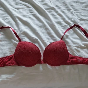 Röd spetsbh - Säljer en gammal bh då den blivit för liten. Storlek 70A, pushup. Man kan även hooka fast den i ryggen för mer lyft framtill eller annat utseende i ryggen (se bild 3 och 4)